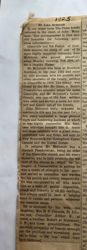 John McIntosh Obituary 1924