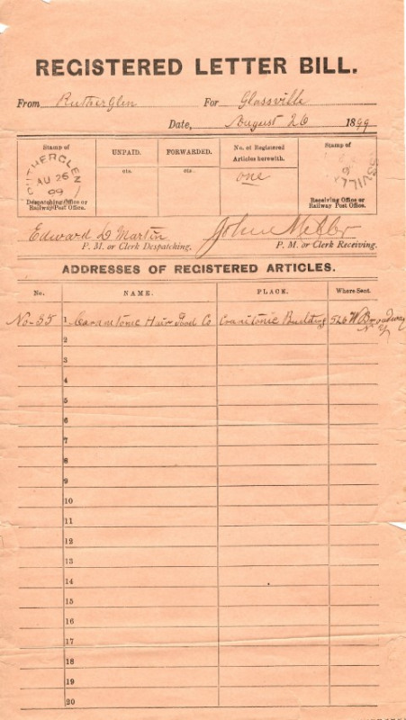 Postmaster Registered Letter Bill 1899